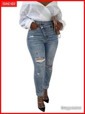 Asymmetric Waist Ripped Skinny Cuffed Jeans